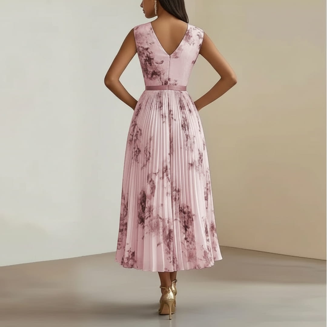 Isabella Pleated Floral Maxi Dress – V-Neck Elegant Occasion Style