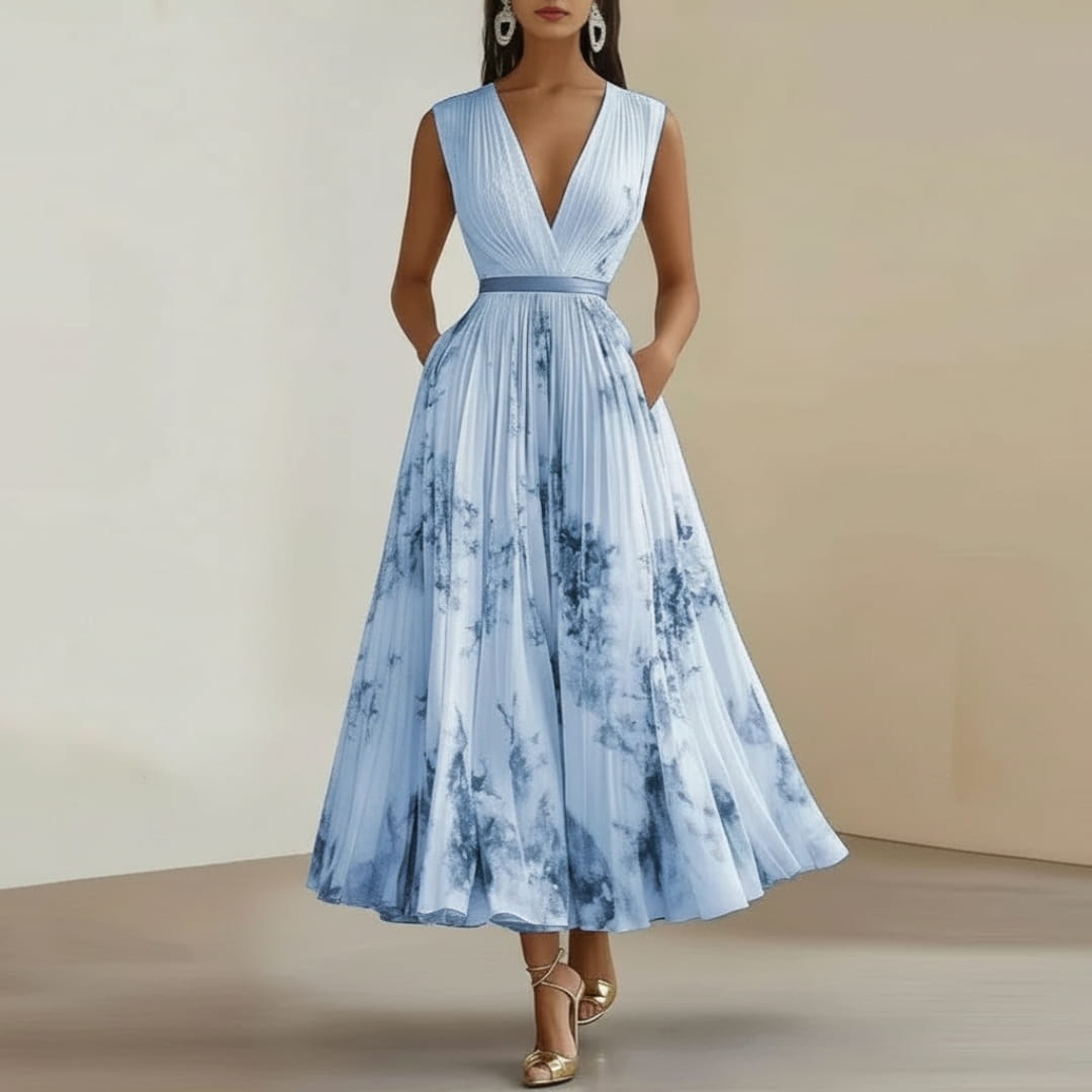 Isabella Pleated Floral Maxi Dress – V-Neck Elegant Occasion Style