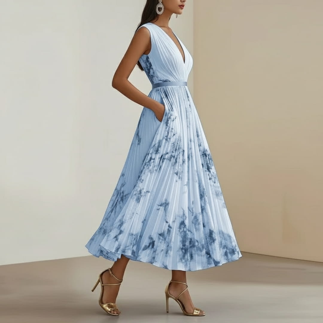 Isabella Pleated Floral Maxi Dress – V-Neck Elegant Occasion Style