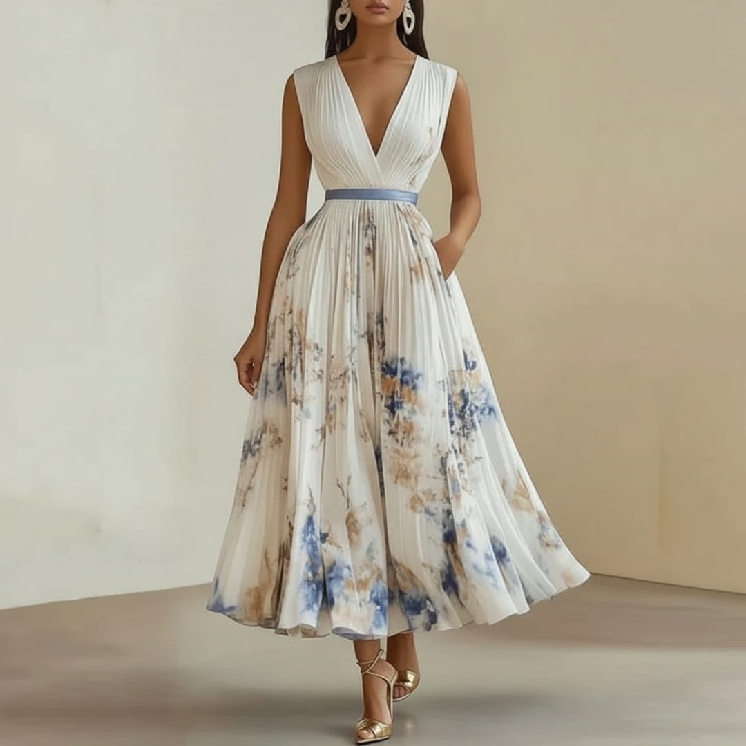 Isabella Pleated Floral Maxi Dress – V-Neck Elegant Occasion Style