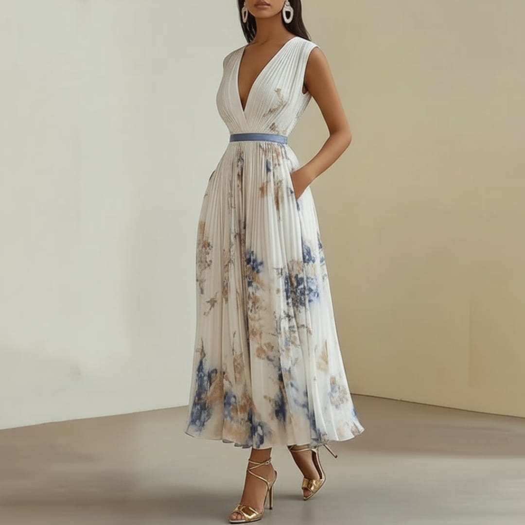 Isabella Pleated Floral Maxi Dress – V-Neck Elegant Occasion Style
