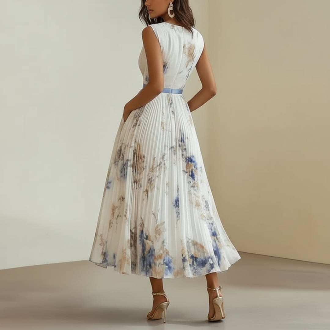Isabella Pleated Floral Maxi Dress – V-Neck Elegant Occasion Style