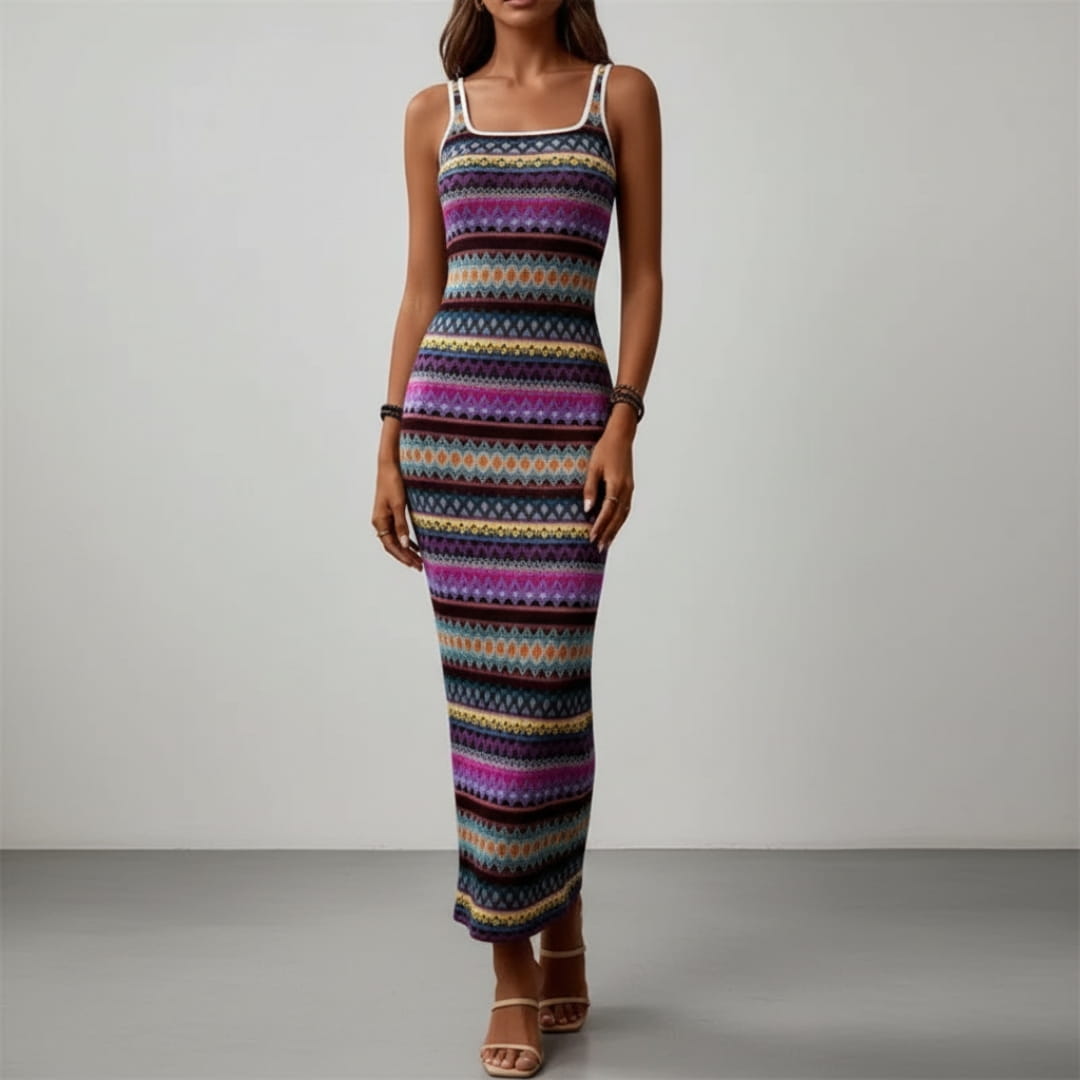 Plenie Boho Pattern Maxi Dress – Spaghetti Strap Summer Casual Style