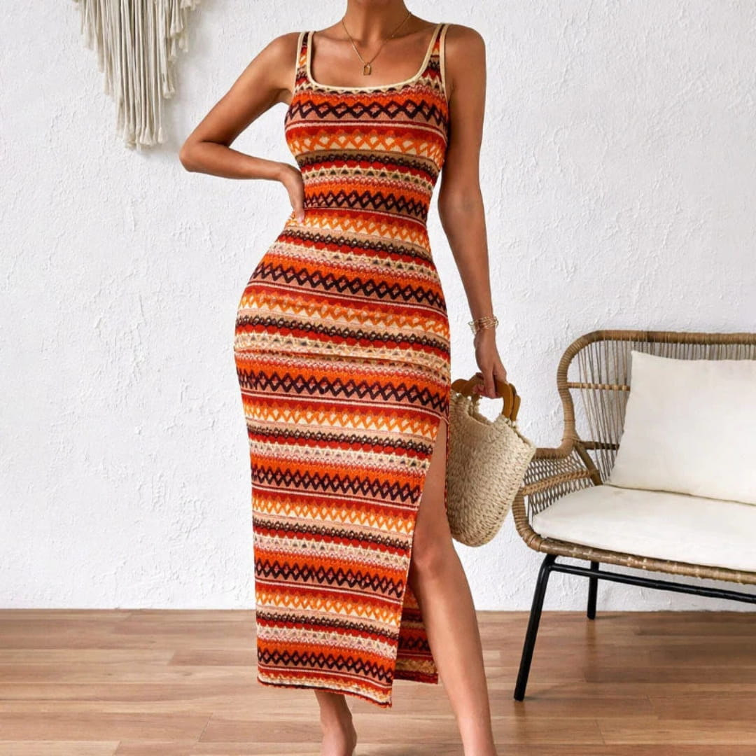 Plenie Boho Pattern Maxi Dress – Spaghetti Strap Summer Casual Style