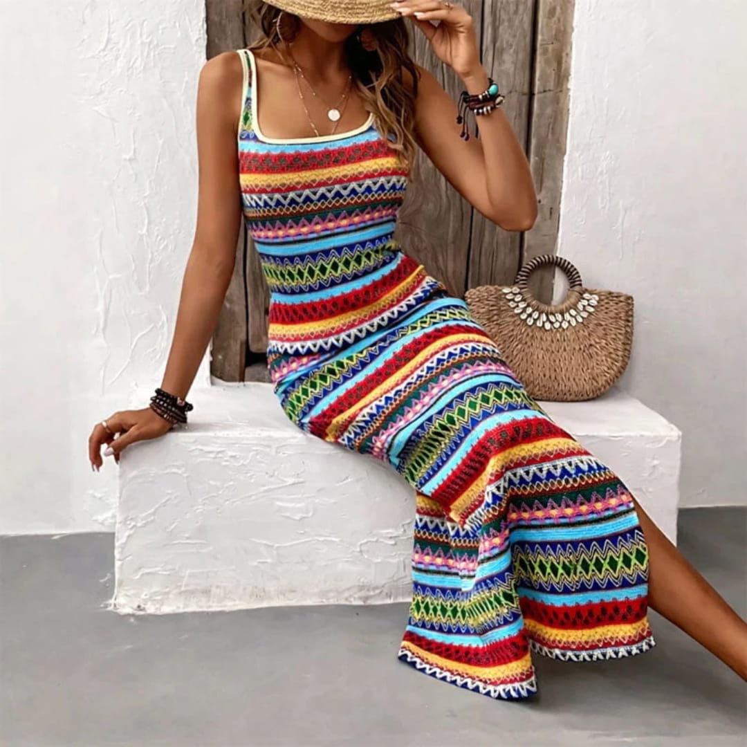 Plenie Boho Pattern Maxi Dress – Spaghetti Strap Summer Casual Style
