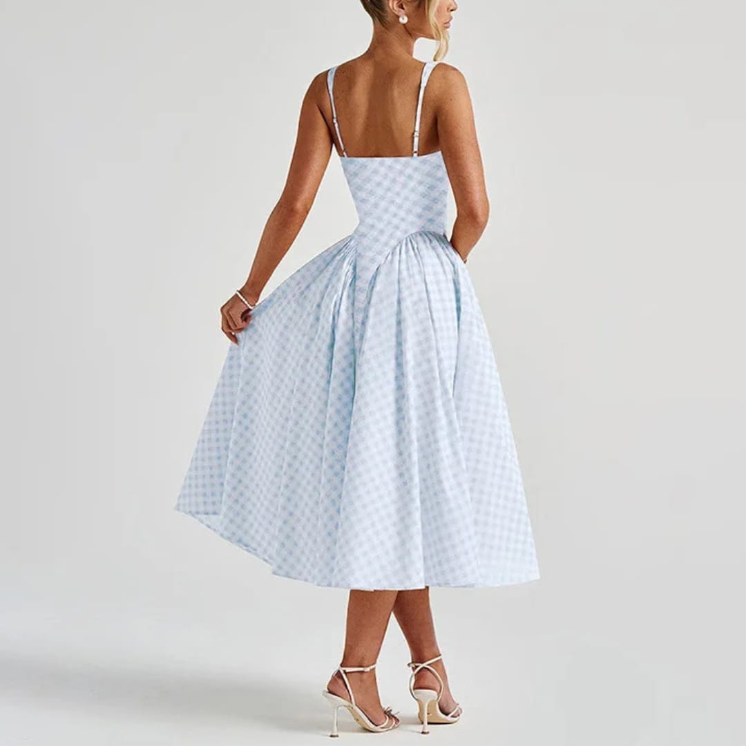 Lilian Pastel Plaid A-Line Dress – Square Neck Gingham Drop Midi Dress