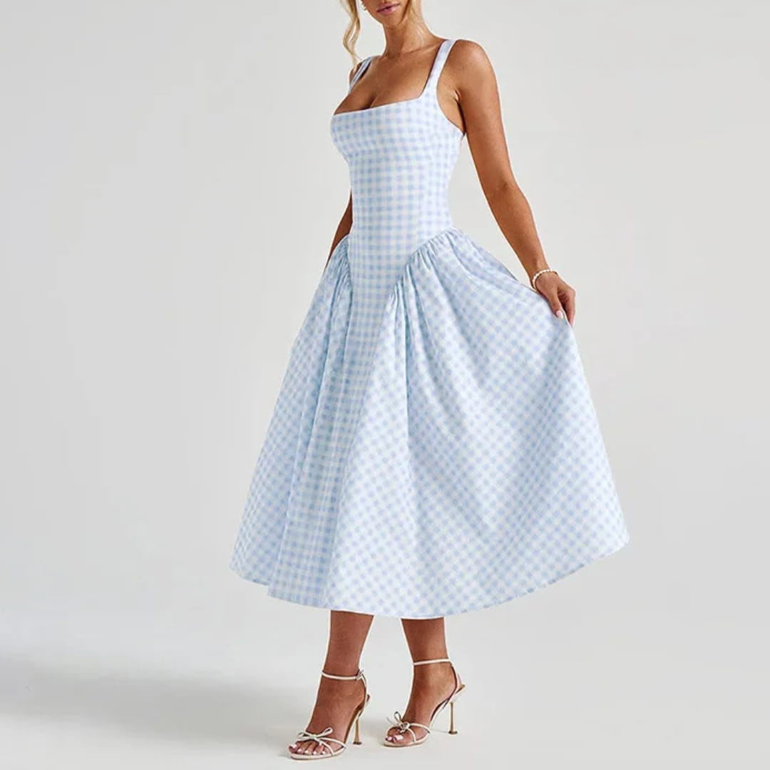 Lilian Pastel Plaid A-Line Dress – Square Neck Gingham Drop Midi Dress