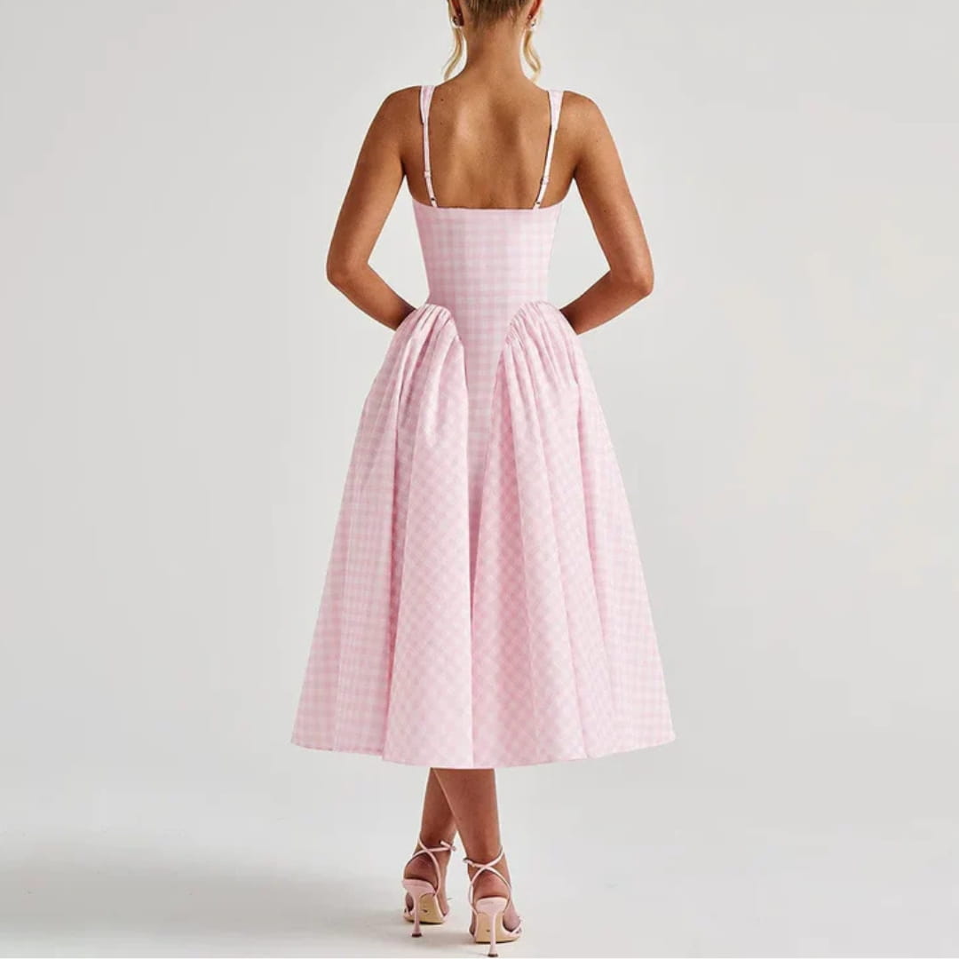 Lilian Pastel Plaid A-Line Dress – Square Neck Gingham Drop Midi Dress