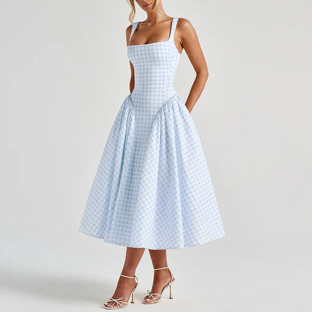 Lilian Pastel Plaid A-Line Dress – Square Neck Gingham Drop Midi Dress