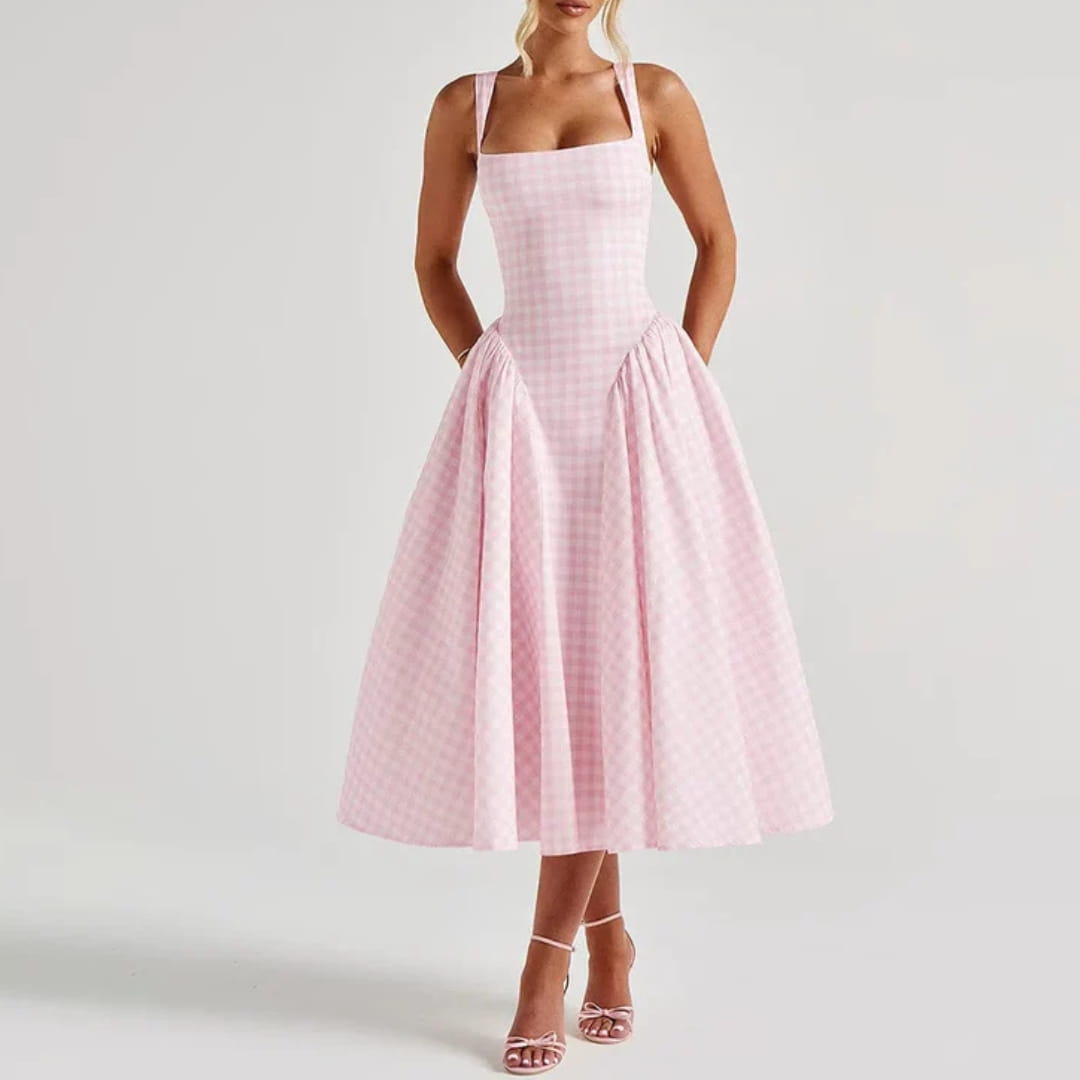 Lilian Pastel Plaid A-Line Dress – Square Neck Gingham Drop Midi Dress