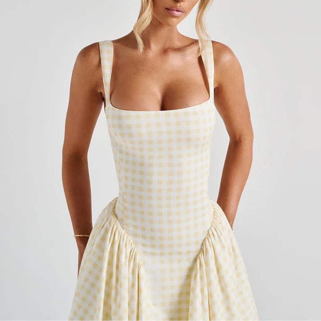 Lilian Pastel Plaid A-Line Dress – Square Neck Gingham Drop Midi Dress