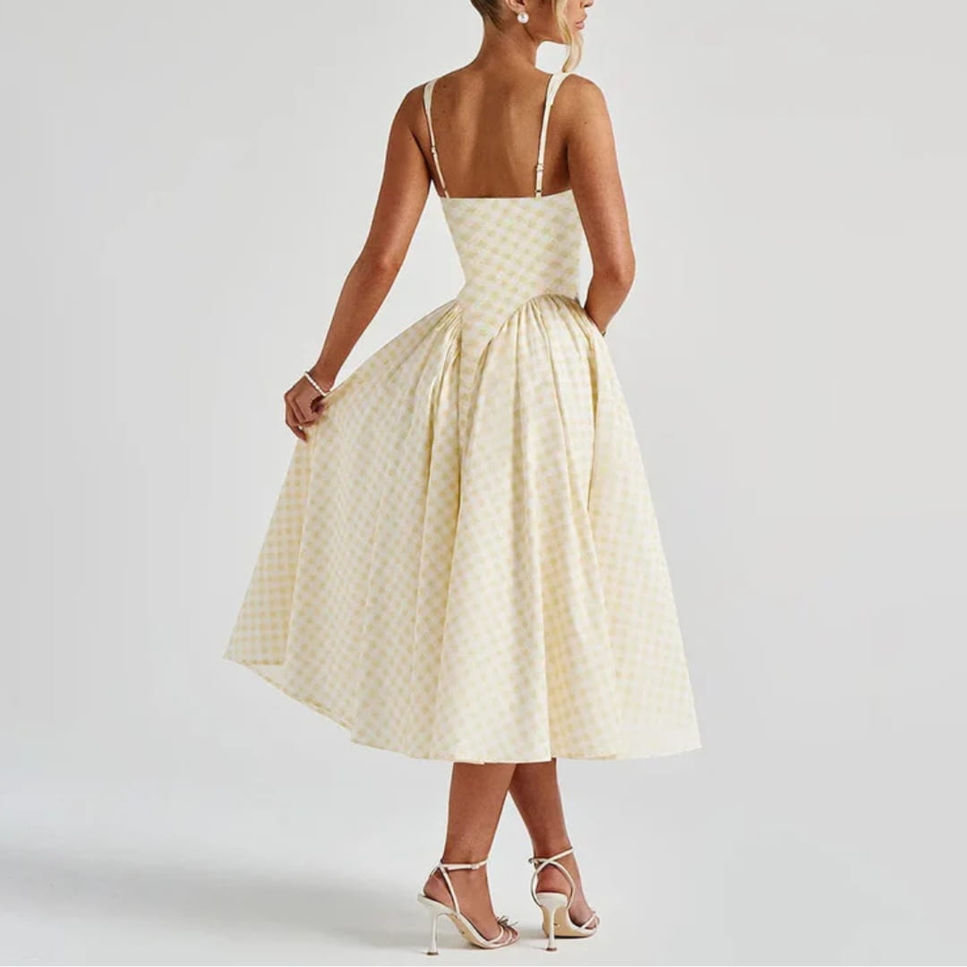Lilian Pastel Plaid A-Line Dress – Square Neck Gingham Drop Midi Dress