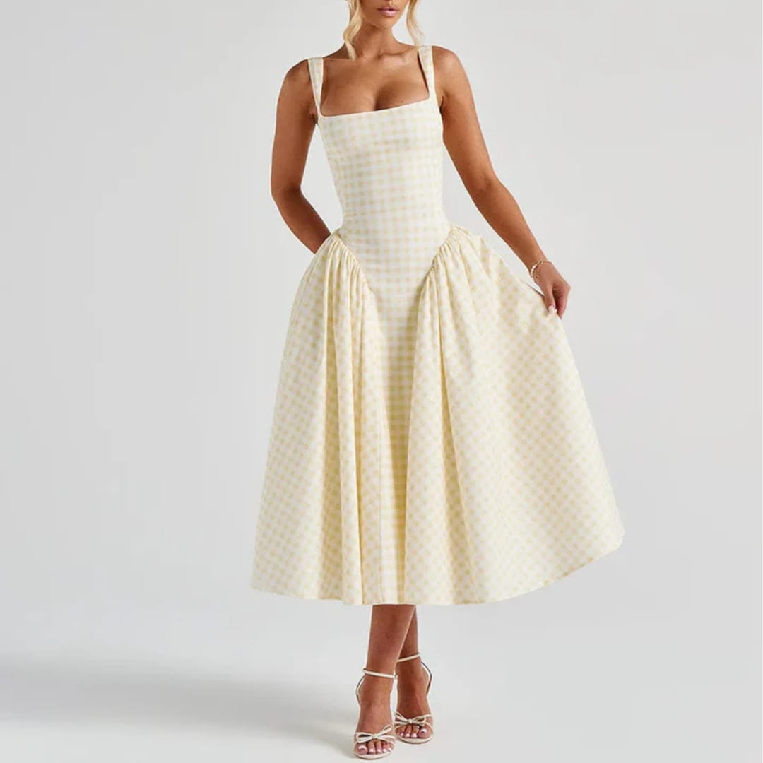 Lilian Pastel Plaid A-Line Dress – Square Neck Gingham Drop Midi Dress