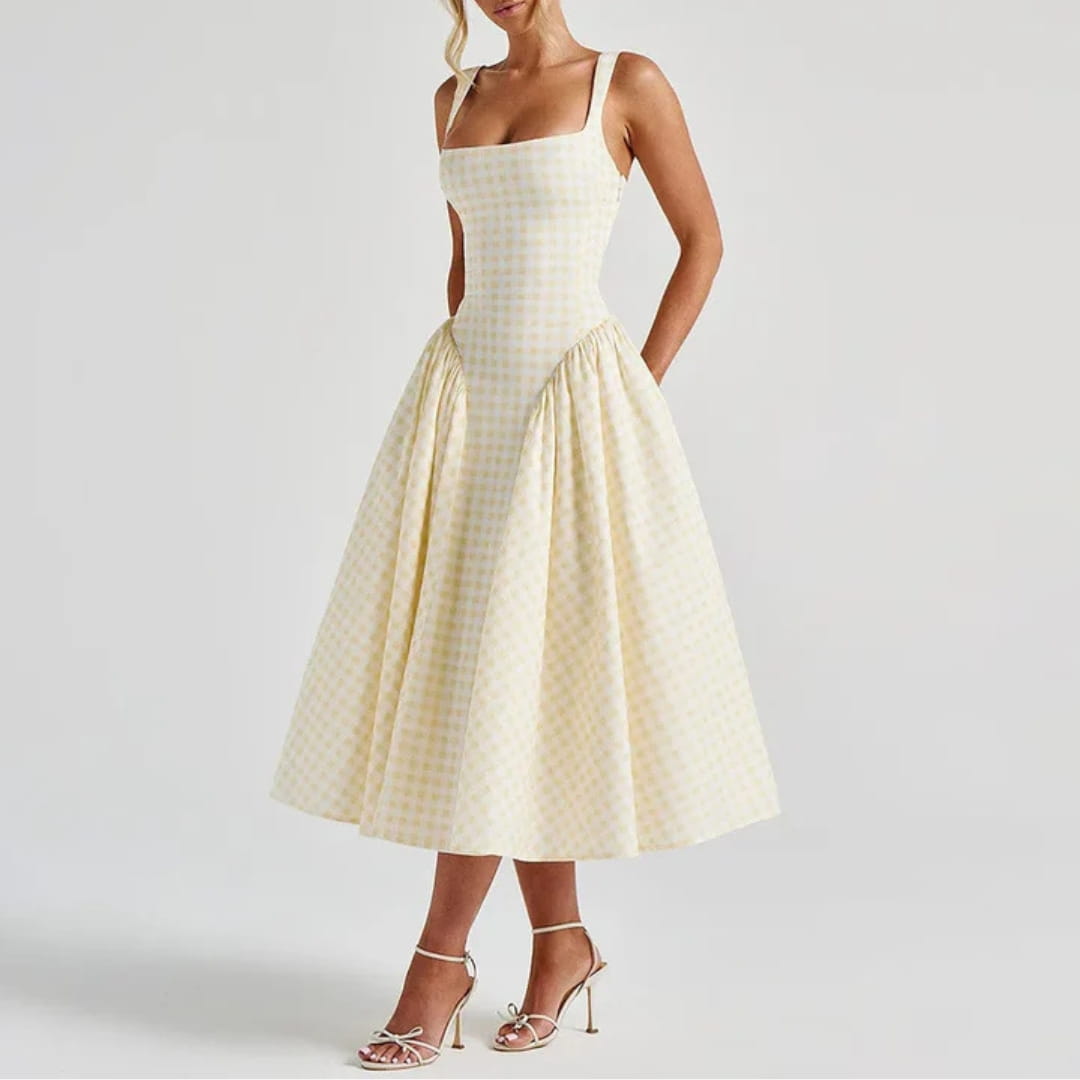 Lilian Pastel Plaid A-Line Dress – Square Neck Gingham Drop Midi Dress