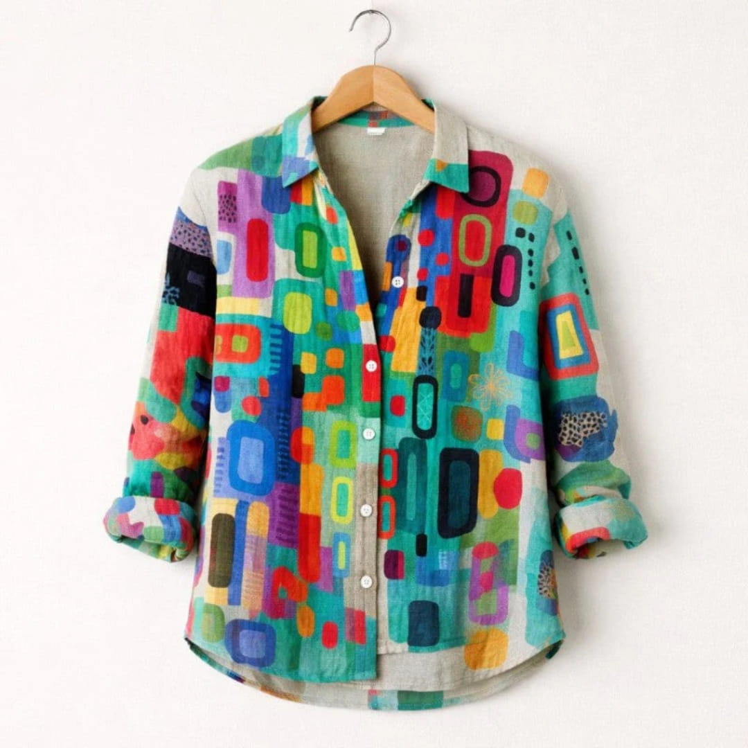 Melani Geometric Print Button-Up Shirt – Cotton Blend Casual Shirt