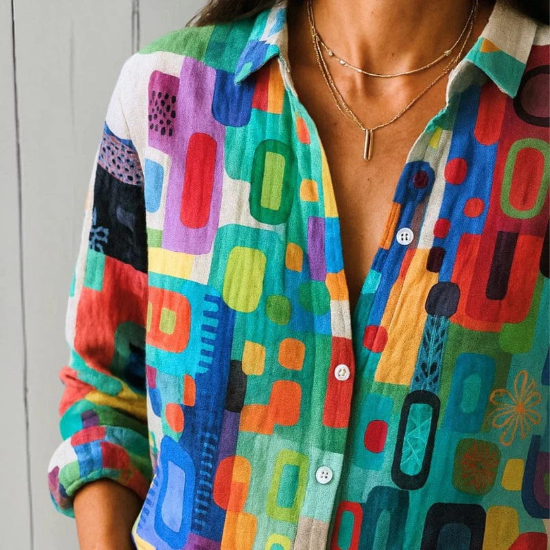 Melani Geometric Print Button-Up Shirt – Cotton Blend Casual Shirt