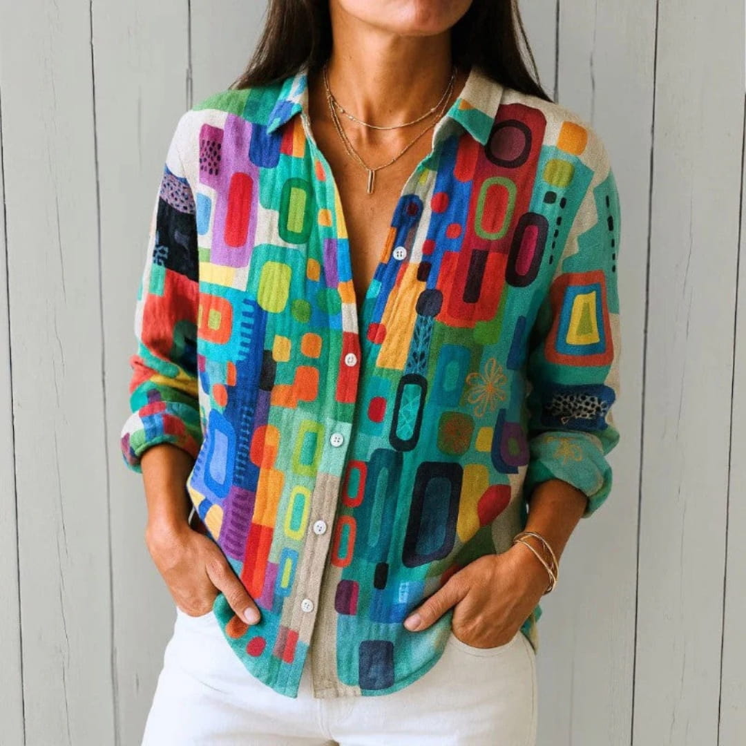 Melani Geometric Print Button-Up Shirt – Cotton Blend Casual Shirt