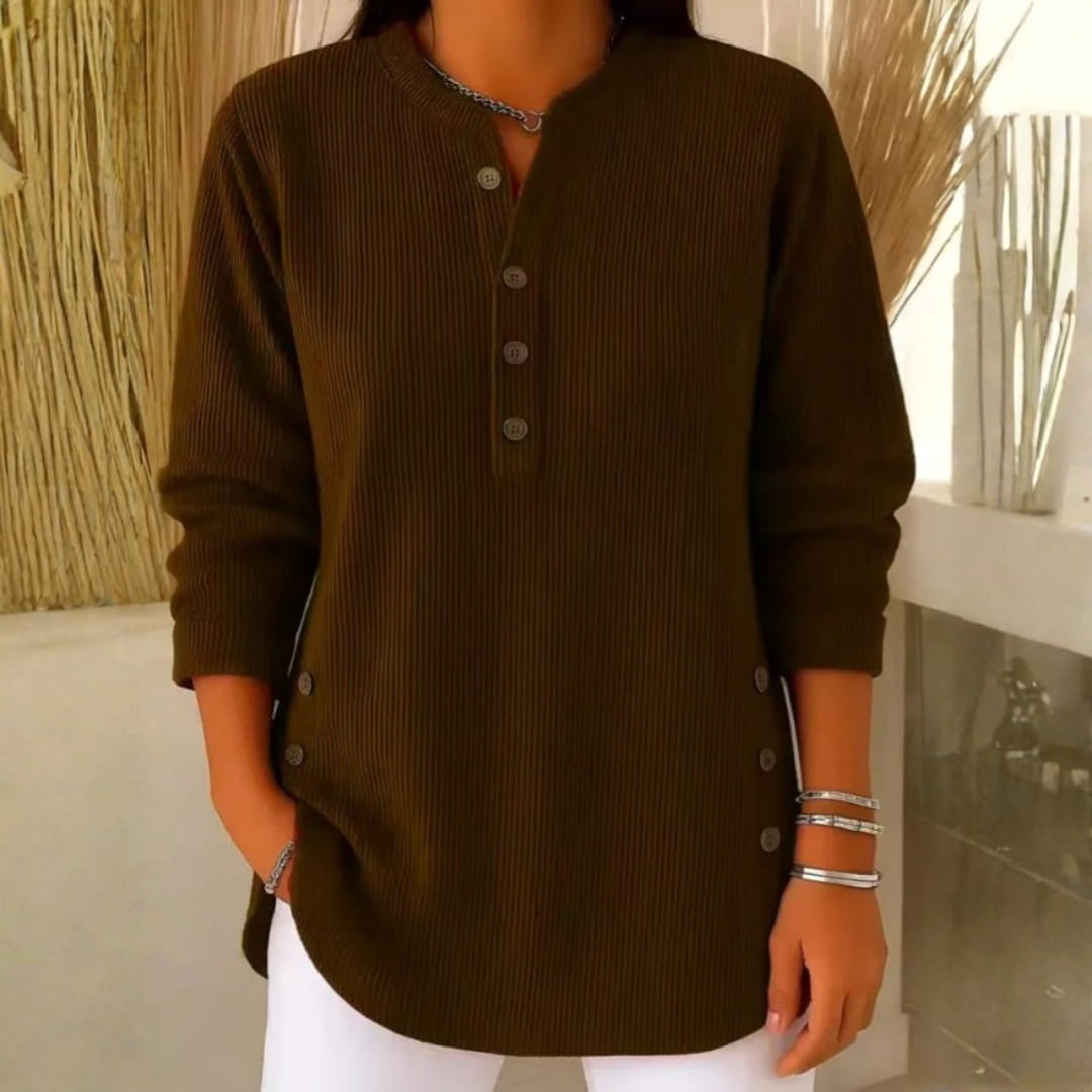 Brielle Ribbed Cotton Blend Tunic Top – Soft Stretch Longline Button Detail Shirt