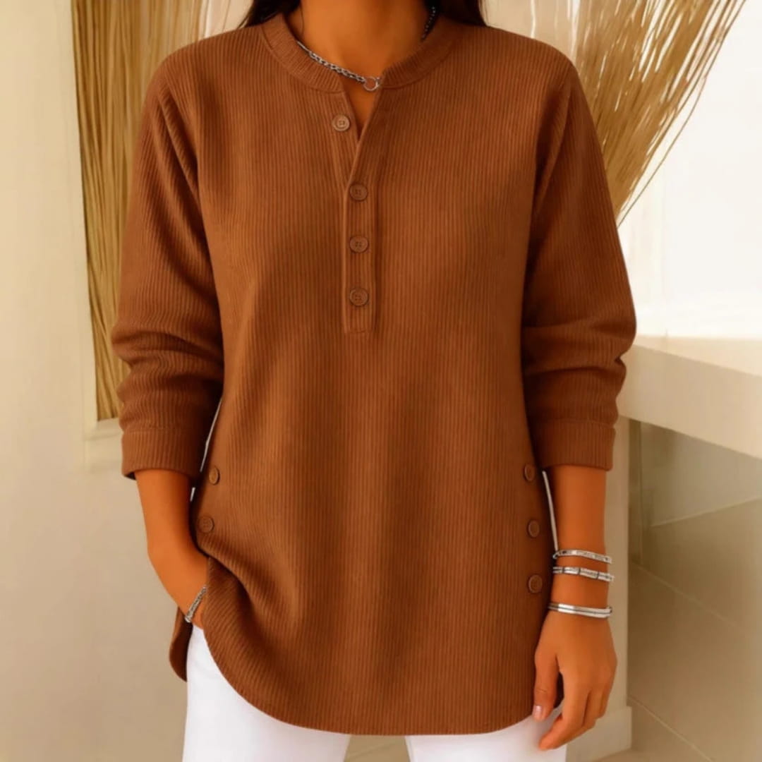 Brielle Ribbed Cotton Blend Tunic Top – Soft Stretch Longline Button Detail Shirt