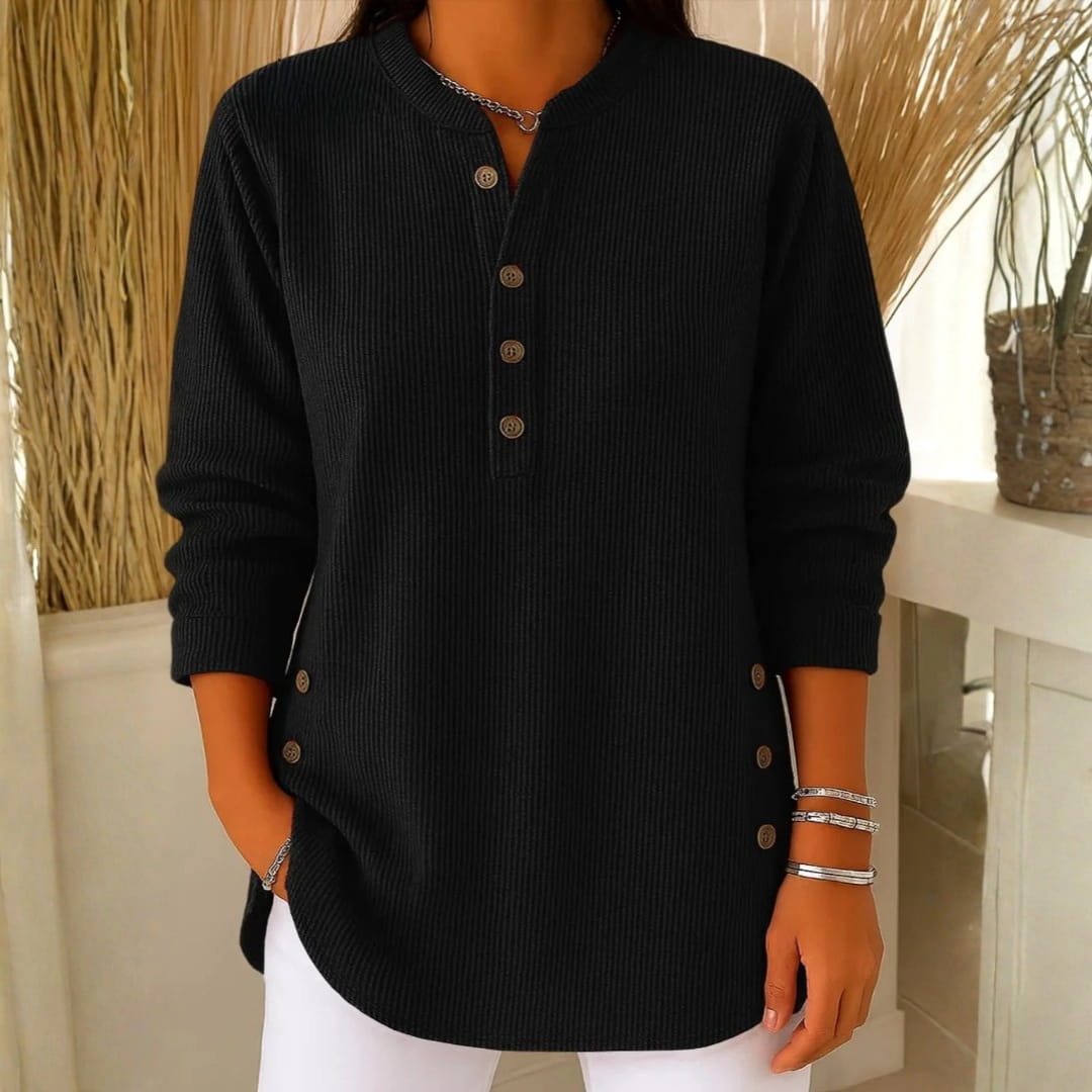 Brielle Ribbed Cotton Blend Tunic Top – Soft Stretch Longline Button Detail Shirt