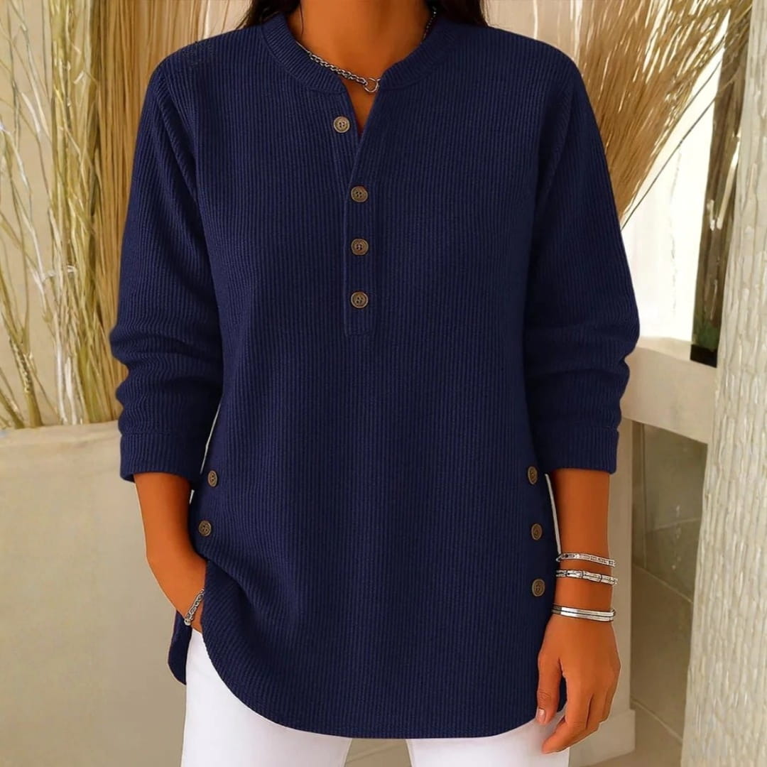 Brielle Ribbed Cotton Blend Tunic Top – Soft Stretch Longline Button Detail Shirt