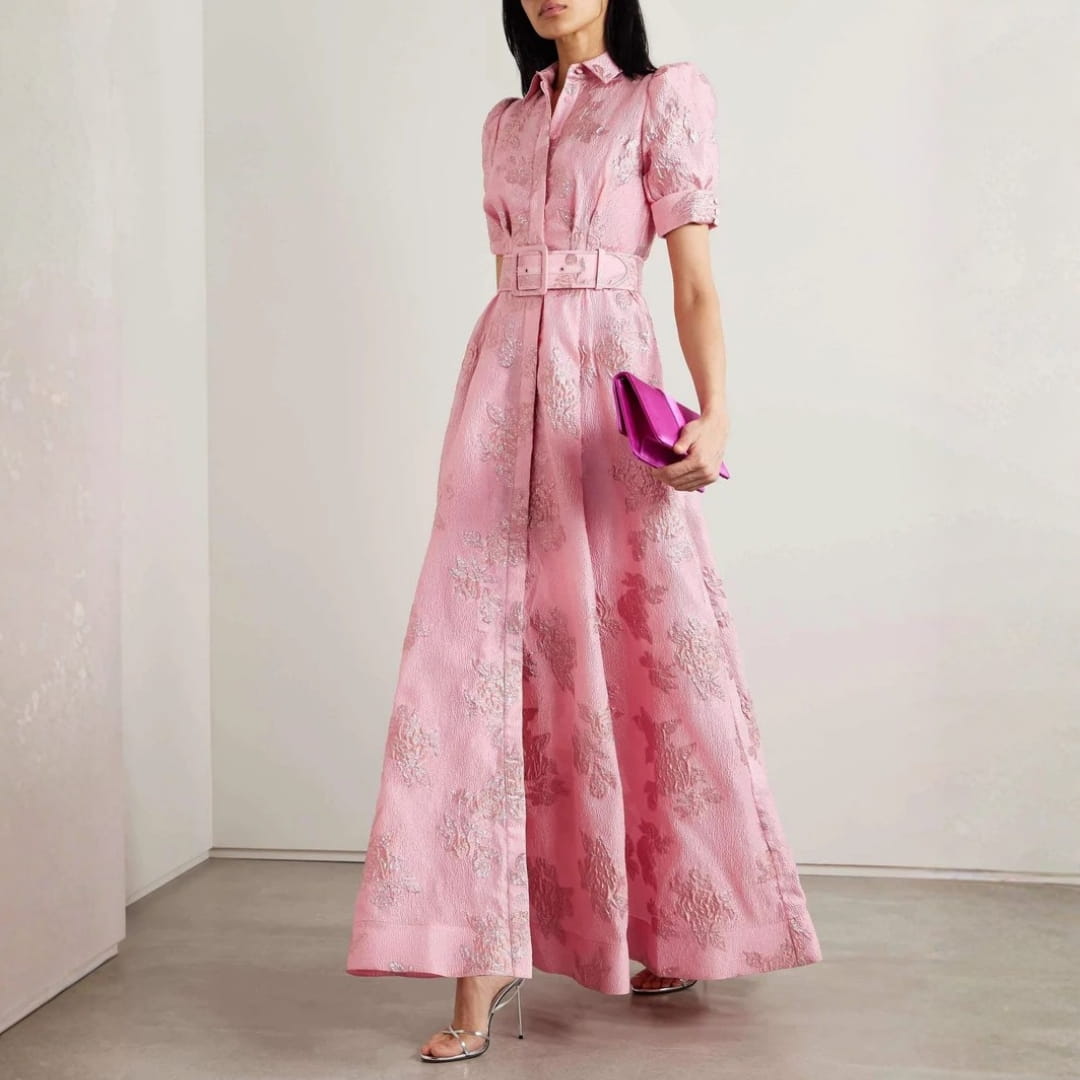 Sylvie Women’s Floral Maxi Dress – Belted Waist with Elegant Short Sleeves