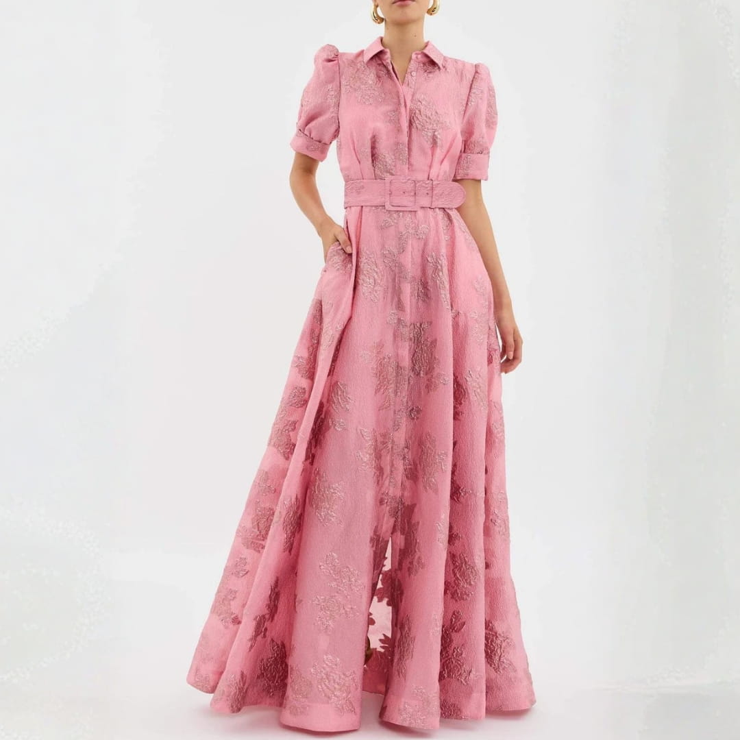 Sylvie Women’s Floral Maxi Dress – Belted Waist with Elegant Short Sleeves