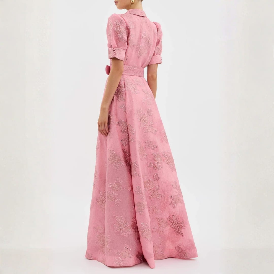 Sylvie Women’s Floral Maxi Dress – Belted Waist with Elegant Short Sleeves