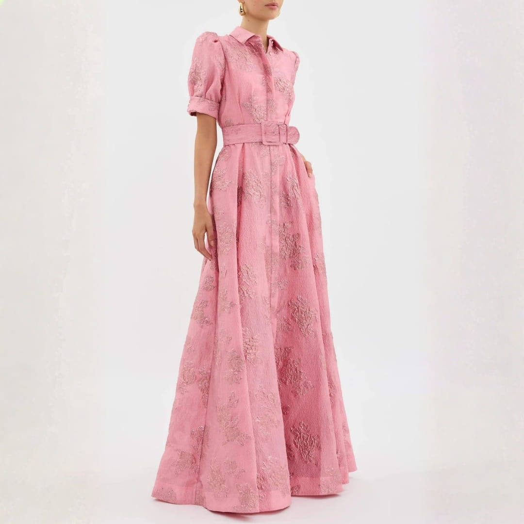 Sylvie Women’s Floral Maxi Dress – Belted Waist with Elegant Short Sleeves