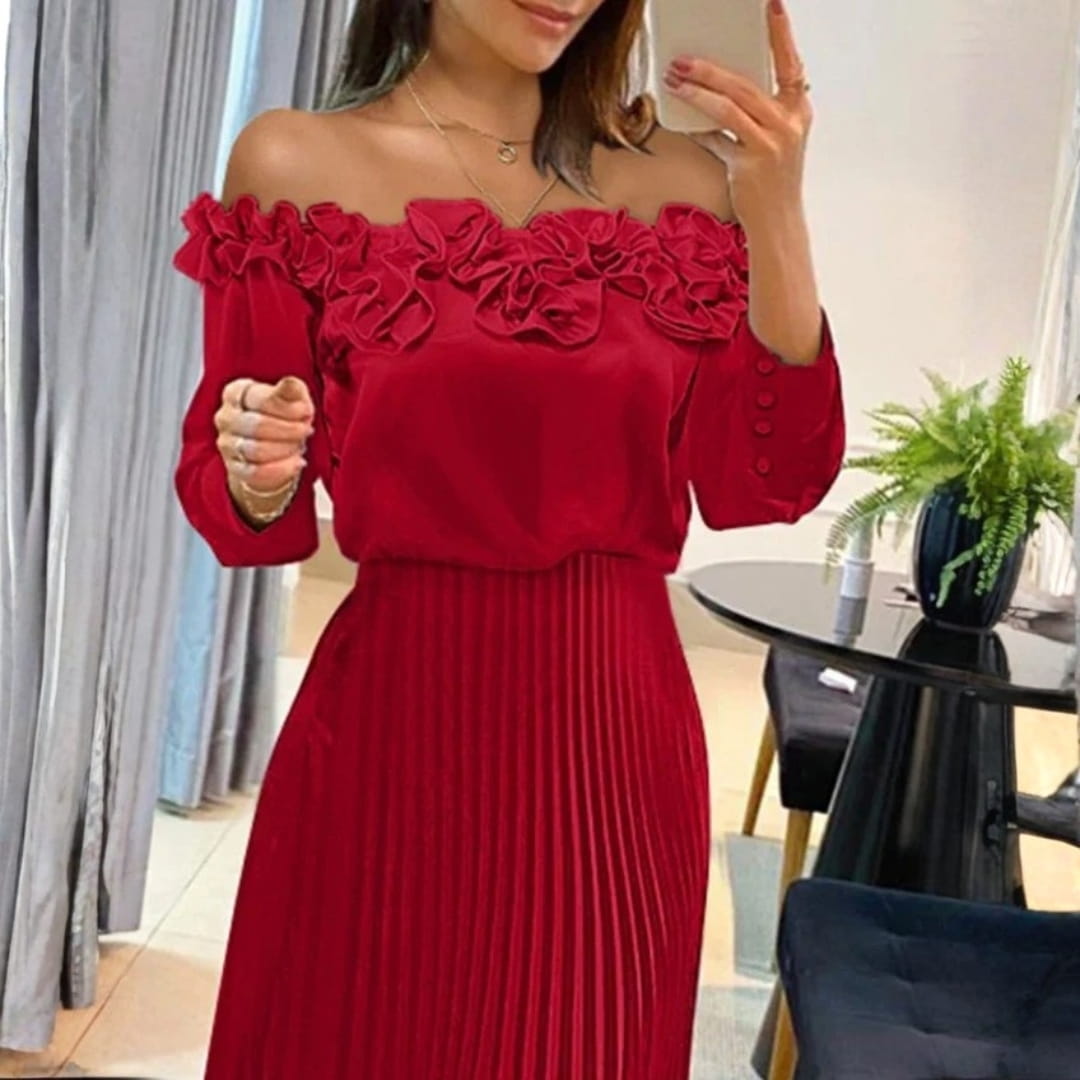 Amily Off-Shoulder Midi Dress – Flowing Fit for Summer Evenings