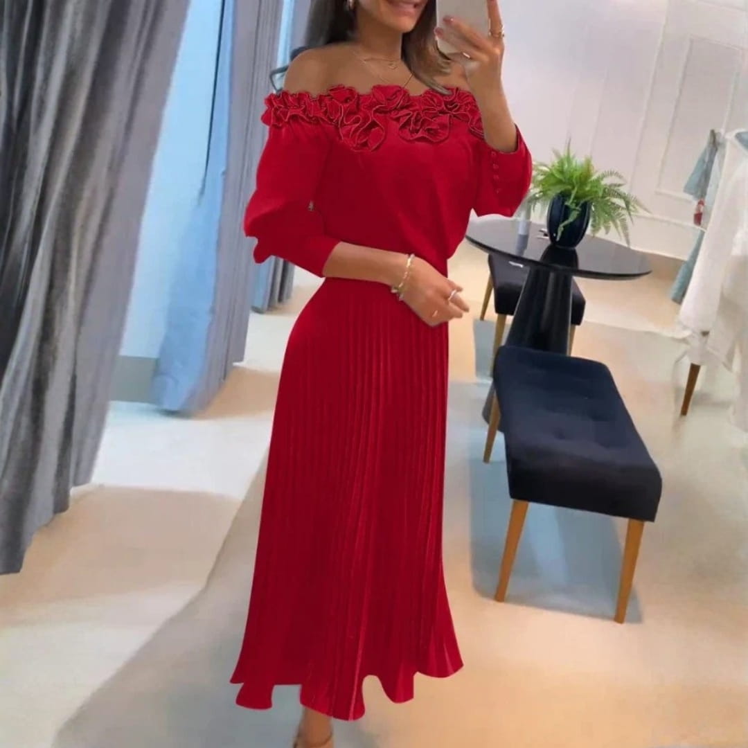 Amily Off-Shoulder Midi Dress – Flowing Fit for Summer Evenings