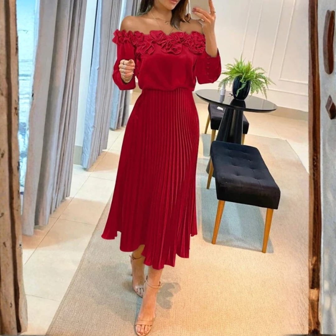 Amily Off-Shoulder Midi Dress – Flowing Fit for Summer Evenings