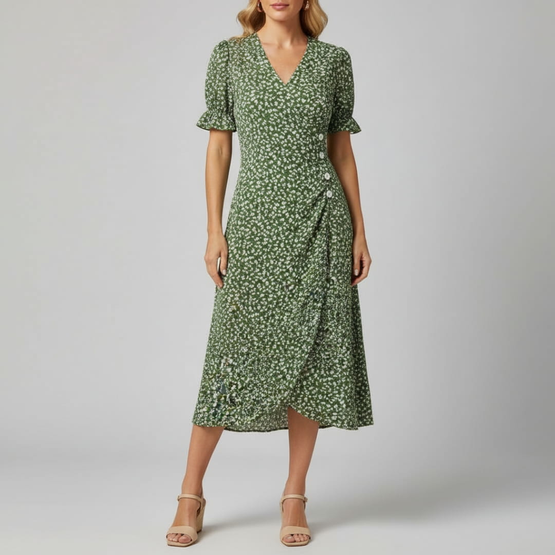 Maya Midi Dress – Vintage-Inspired V-Neck with Wrap Silhouette