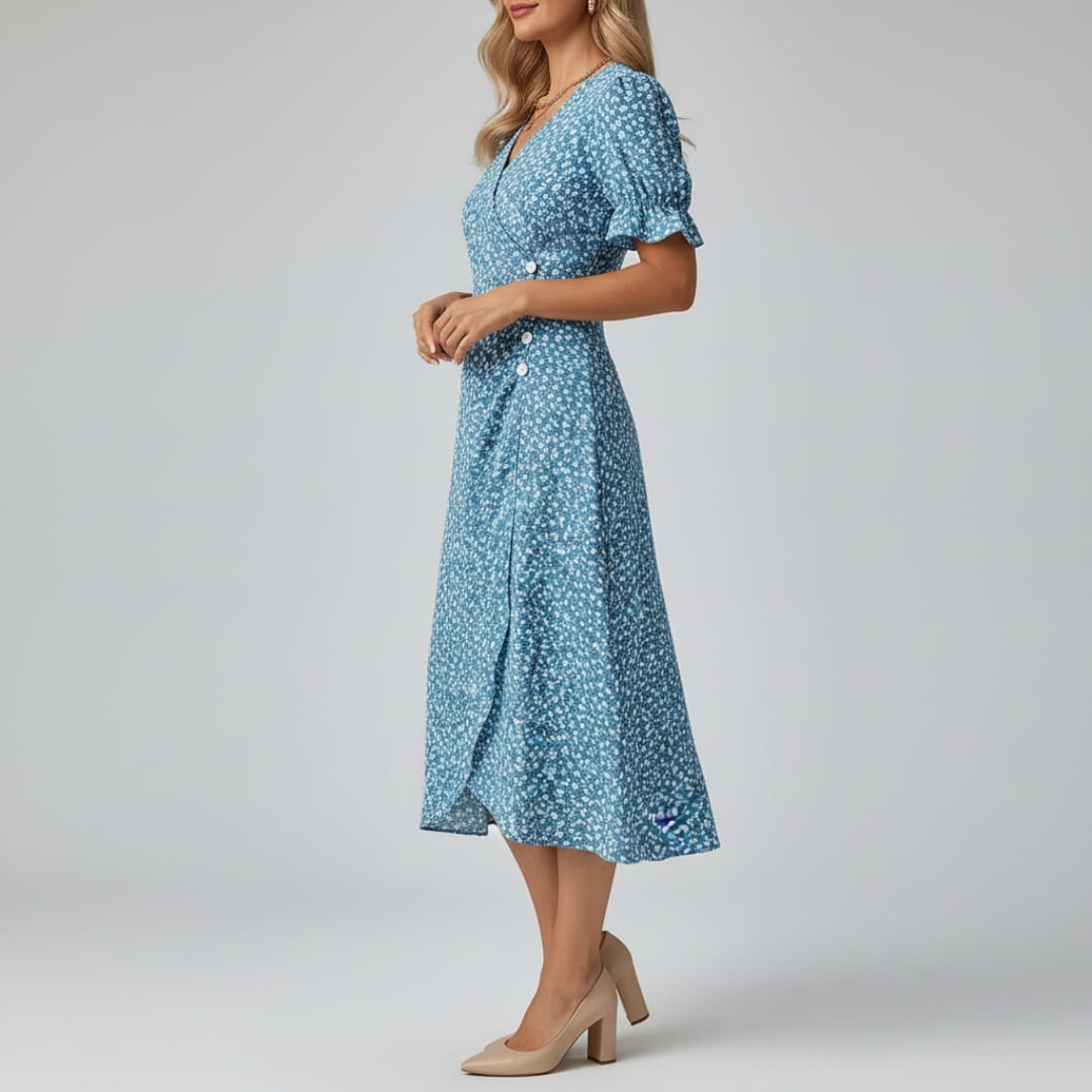 Maya Midi Dress – Vintage-Inspired V-Neck with Wrap Silhouette