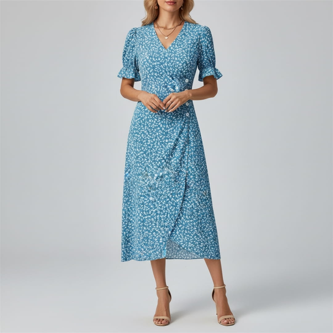 Maya Midi Dress – Vintage-Inspired V-Neck with Wrap Silhouette