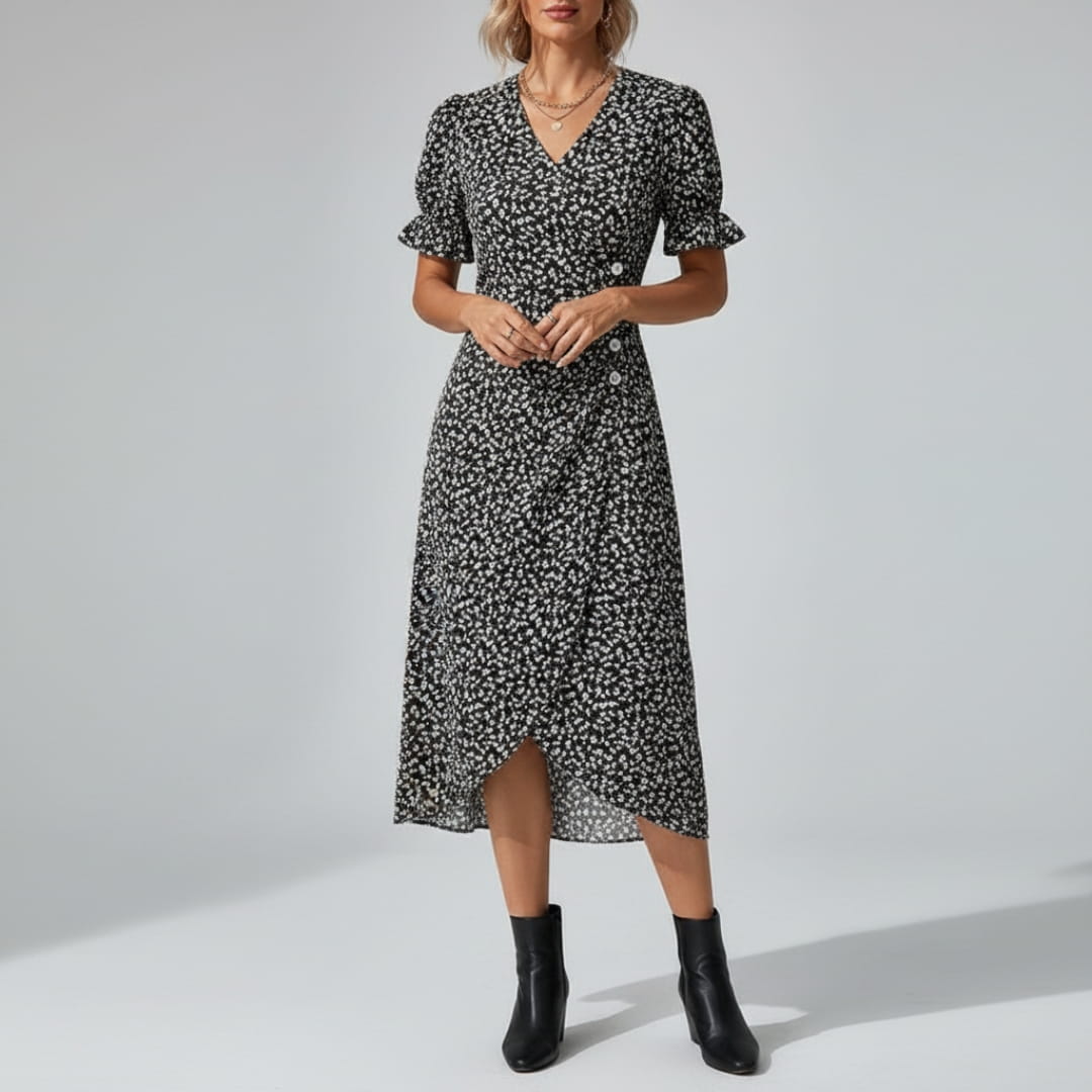 Maya Midi Dress – Vintage-Inspired V-Neck with Wrap Silhouette