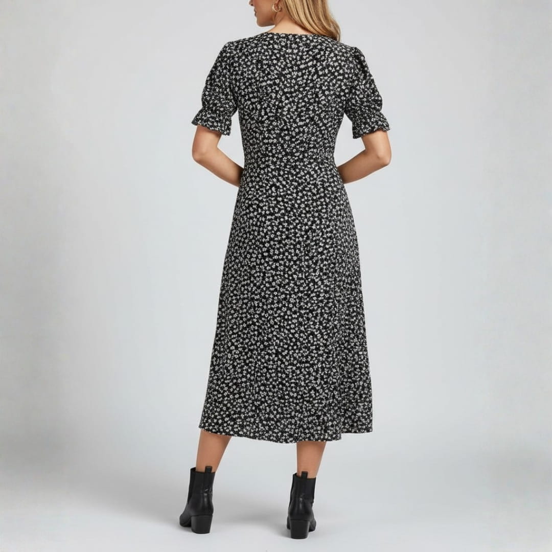 Maya Midi Dress – Vintage-Inspired V-Neck with Wrap Silhouette