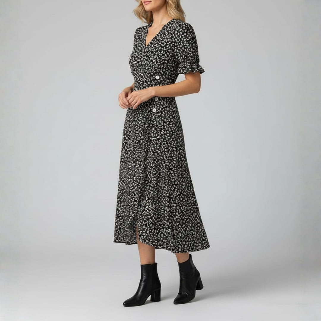 Maya Midi Dress – Vintage-Inspired V-Neck with Wrap Silhouette