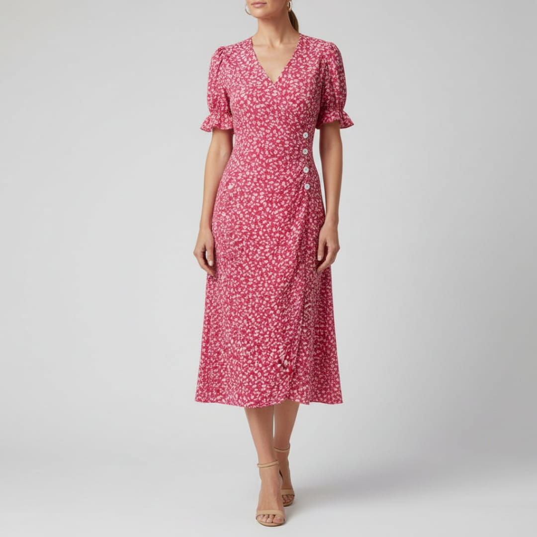 Maya Midi Dress – Vintage-Inspired V-Neck with Wrap Silhouette