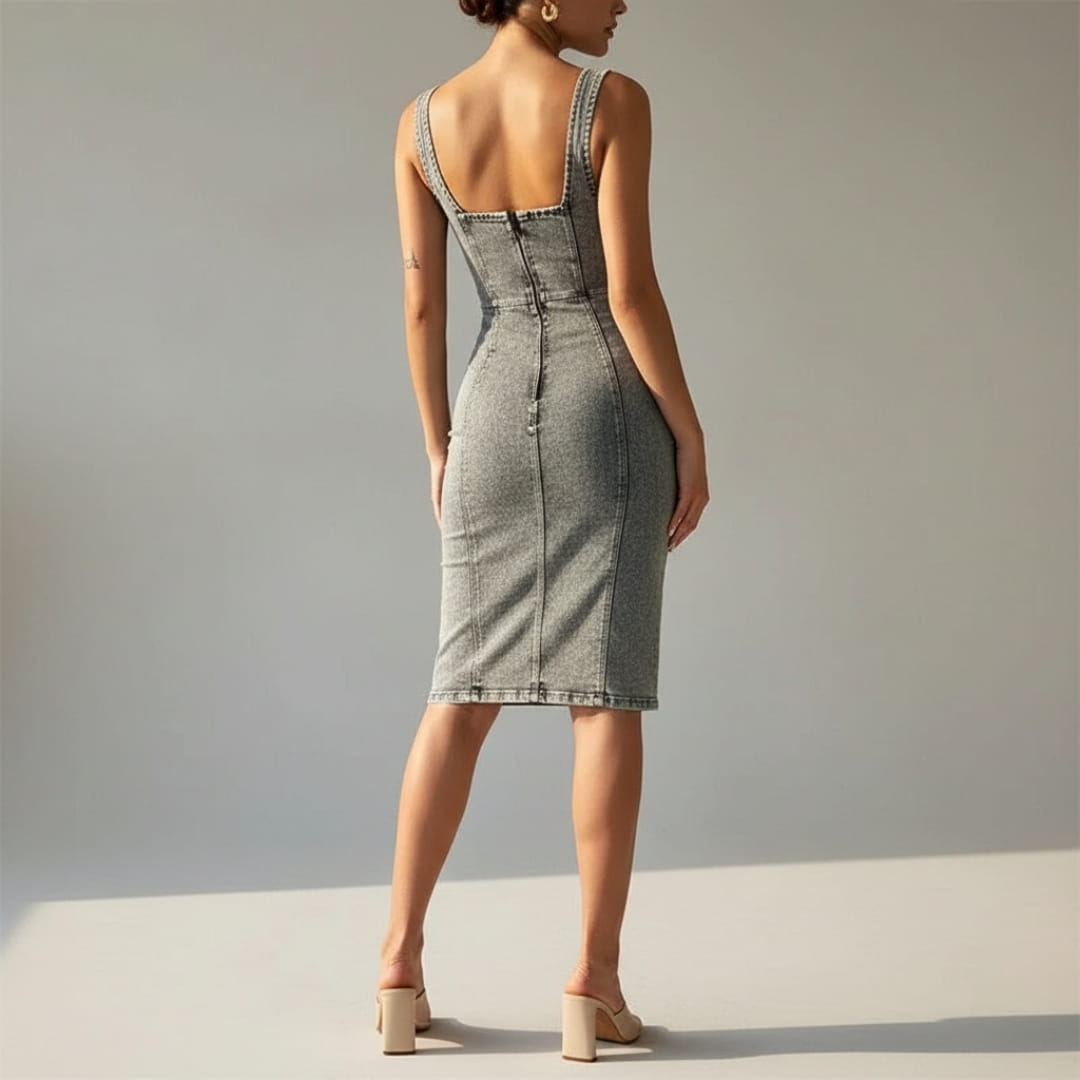 Elena Structured Denim Midi Dress – Bodycon Fit Zip Front Casual Style