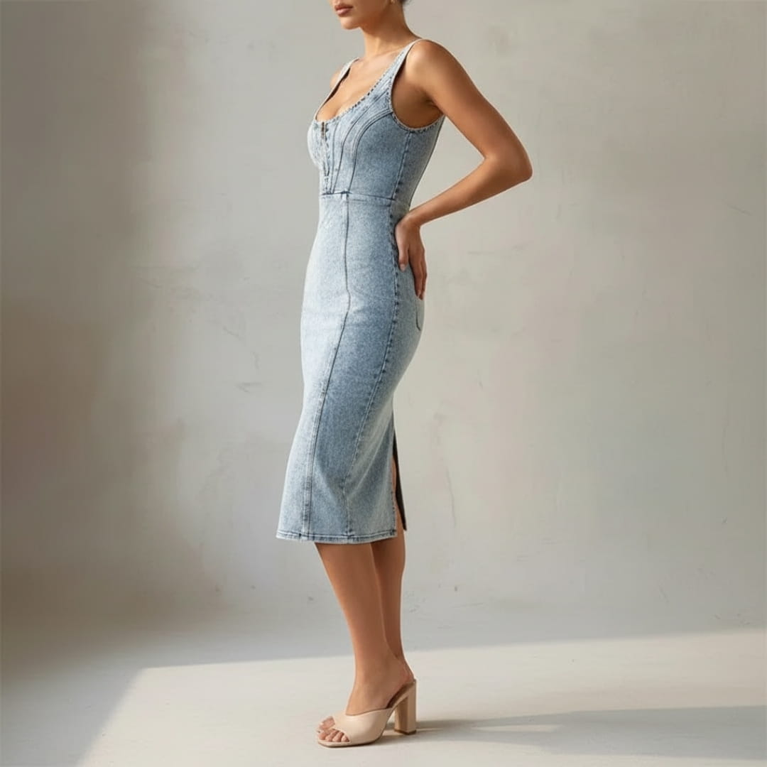Elena Structured Denim Midi Dress – Bodycon Fit Zip Front Casual Style