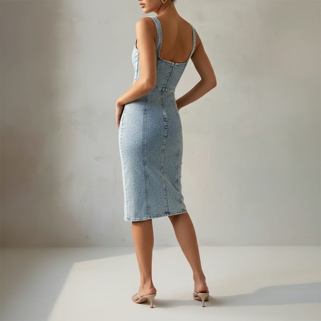 Elena Structured Denim Midi Dress – Bodycon Fit Zip Front Casual Style