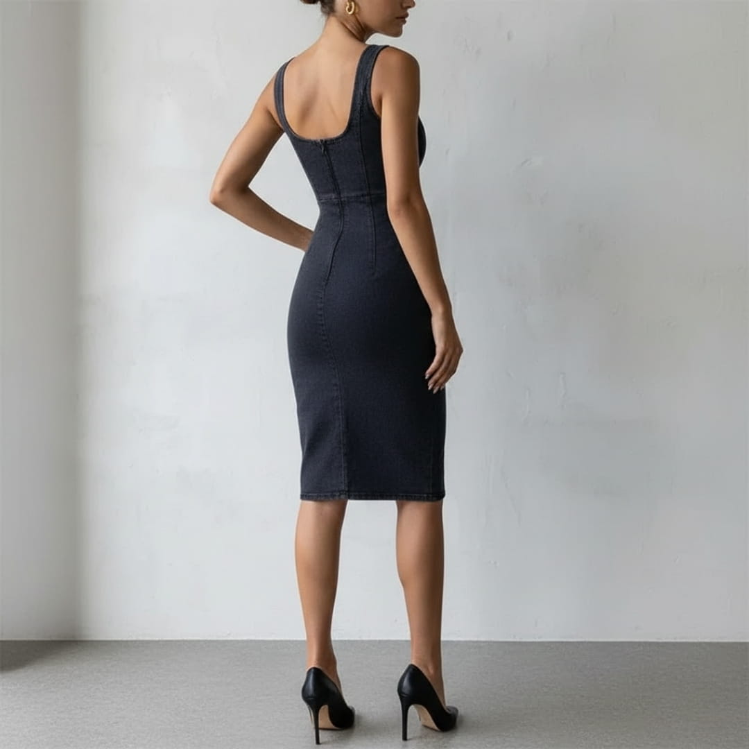 Elena Structured Denim Midi Dress – Bodycon Fit Zip Front Casual Style