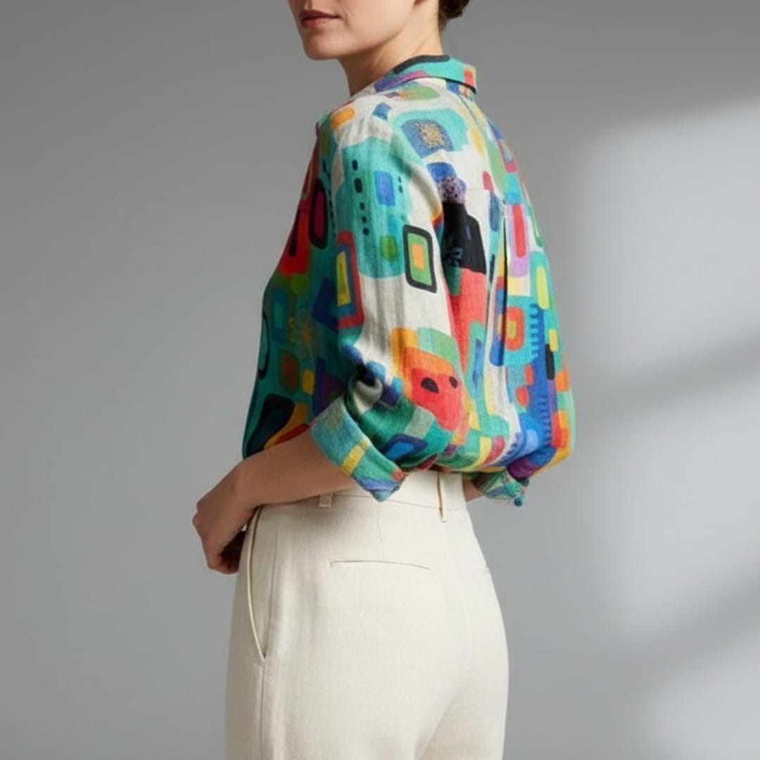 Melani Geometric Print Button-Up Shirt – Cotton Blend Casual Shirt