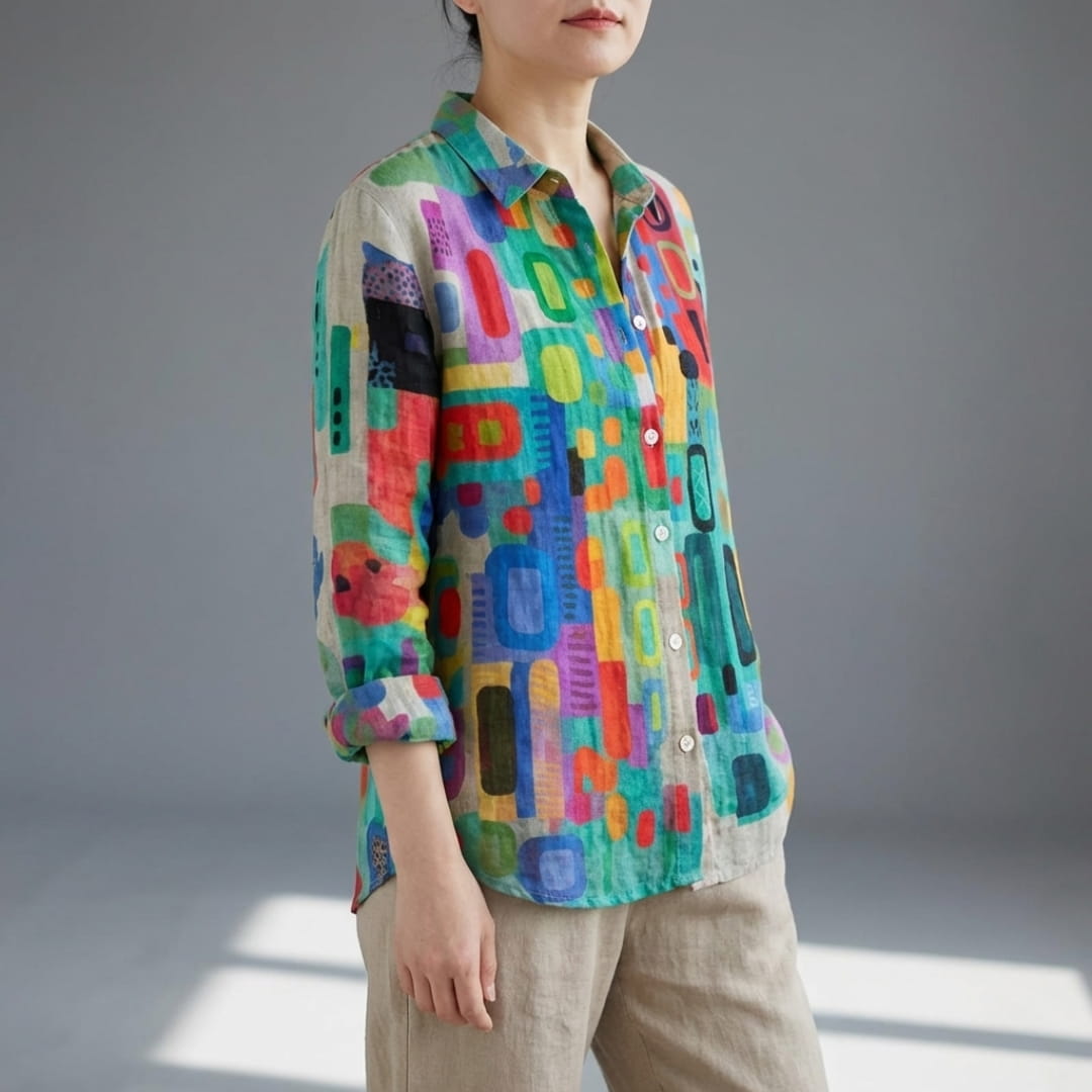 Melani Geometric Print Button-Up Shirt – Cotton Blend Casual Shirt