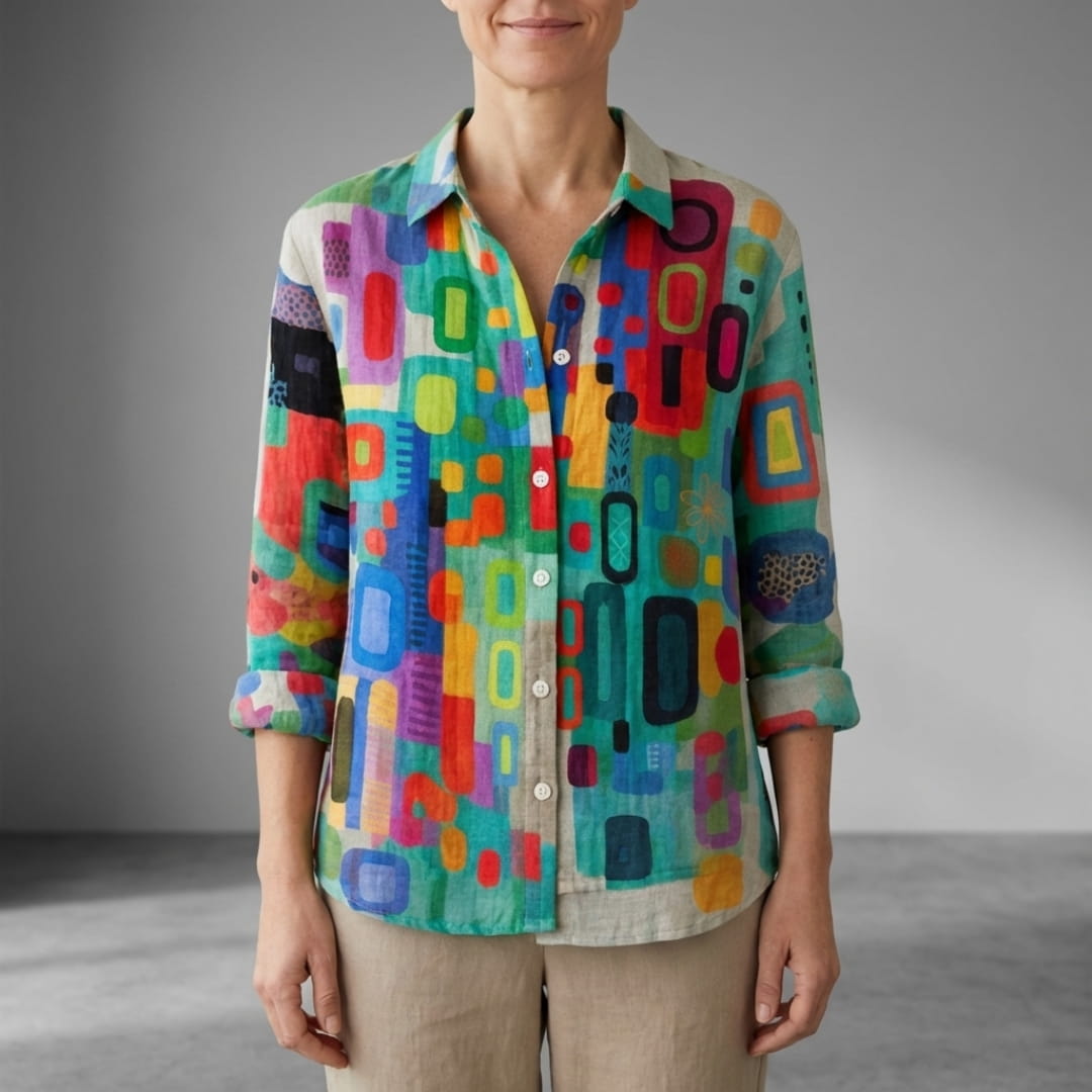 Melani Geometric Print Button-Up Shirt – Cotton Blend Casual Shirt