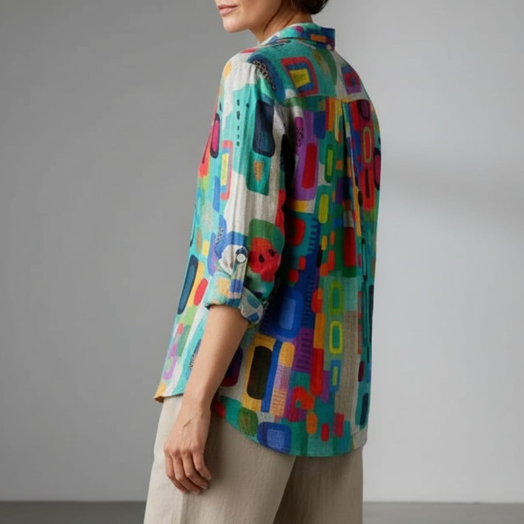 Melani Geometric Print Button-Up Shirt – Cotton Blend Casual Shirt