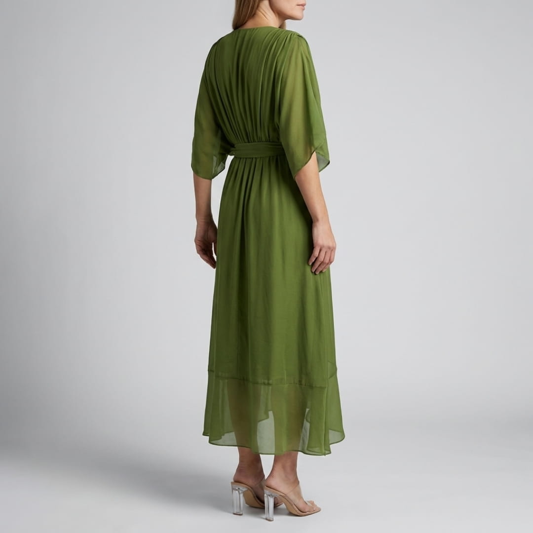 Leslie Women’s Chiffon Maxi Dress – Deep V-Neck with Flowing Bat Sleeves