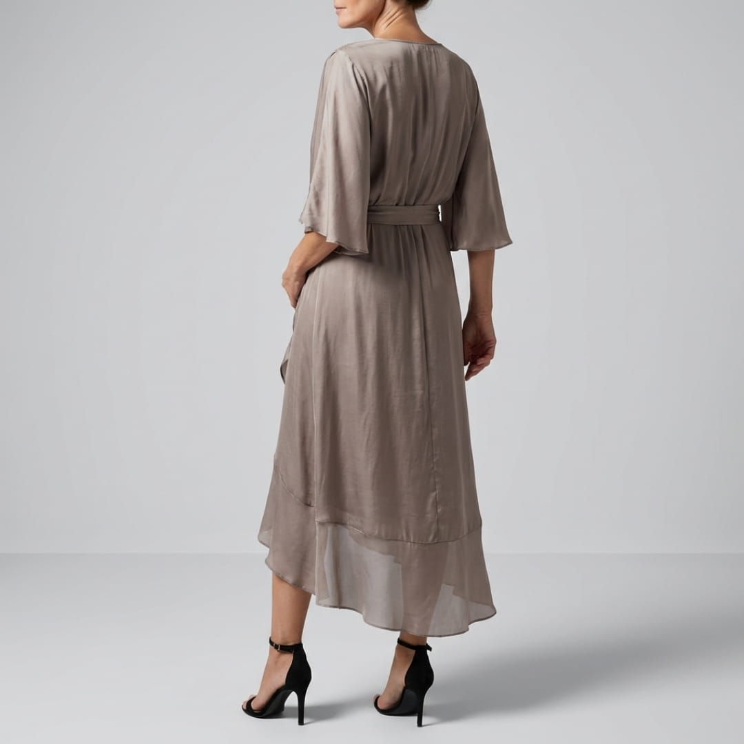 Leslie Women’s Chiffon Maxi Dress – Deep V-Neck with Flowing Bat Sleeves