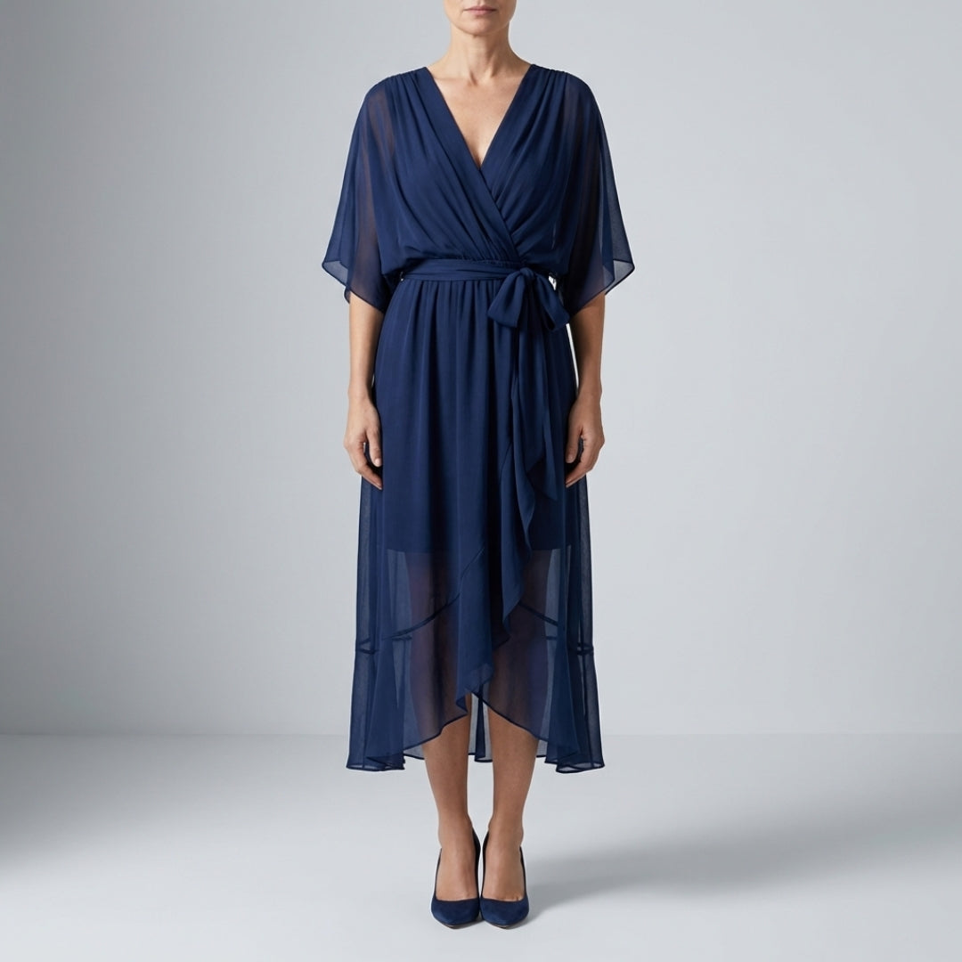 Leslie Women’s Chiffon Maxi Dress – Deep V-Neck with Flowing Bat Sleeves